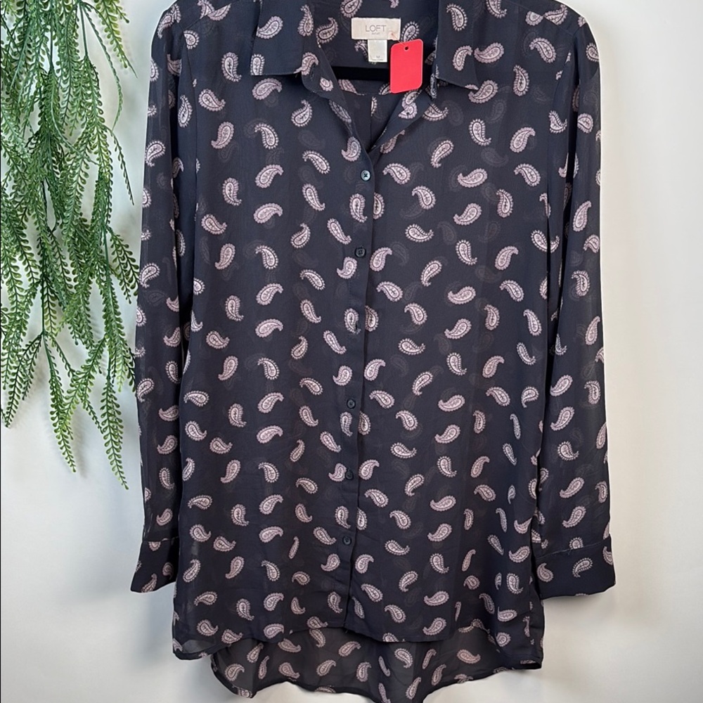 LOFT Gray and Pink Button Down Shirt with Notched Collar